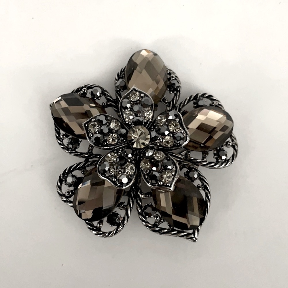 Large Brooch Pin Dark Grey Flower, Statement Pin Various Size Rhinestones NEW
